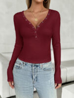 Wholesale Solid Color Slim V-neck Long Sleeve Top