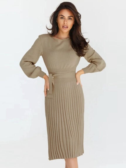 Wholesale Solid Color Tie Waist Pleated Sweater Dress