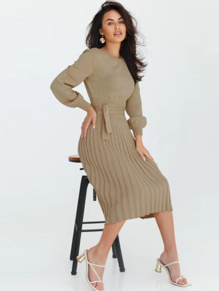 Wholesale Solid Color Tie Waist Pleated Sweater Dress