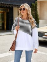 Wholesale Solid and Stripe Contrast Color Round Neck Slit Hem Sweatshirt