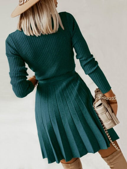 Wholesale V-neck Pleated Tie Waist Midi Sweater Dress