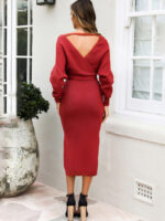 Wholesale V-neck Tie Waist Backless Slit Hem Sweater Dress